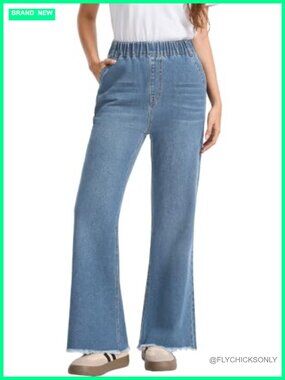 Stretchy Pull-On High Waisted Flare Jeans Raw Hem